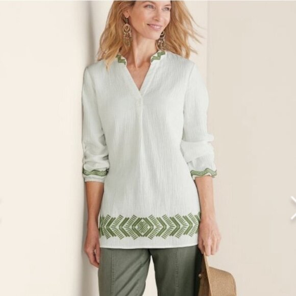 Soft Surroundings Navarre Gauze Long Sleeve Embroidered Cream Tunic Top - Picture 1 of 8